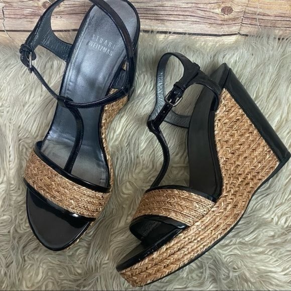 Stuart Weitzman | Natural Straw Espadrille Patent Leather Wedge Platform Sandals - Picture 1 of 11